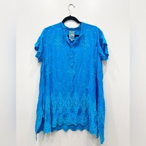 Johnny Was Marian Embroidered Sky Blue Tunic Mini Dress Medium